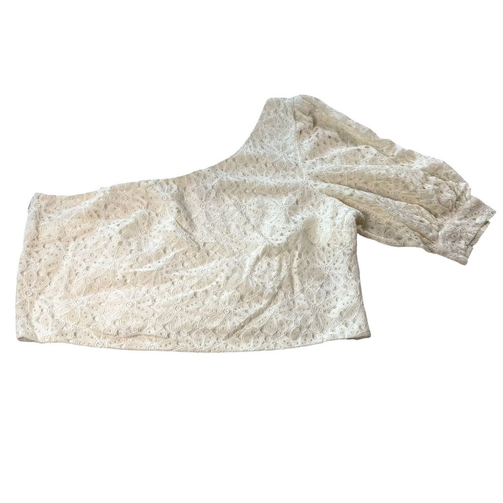 Topshop One-Shoulder Cream Lace Top with Puff Sleeve & Side Zipper US 12